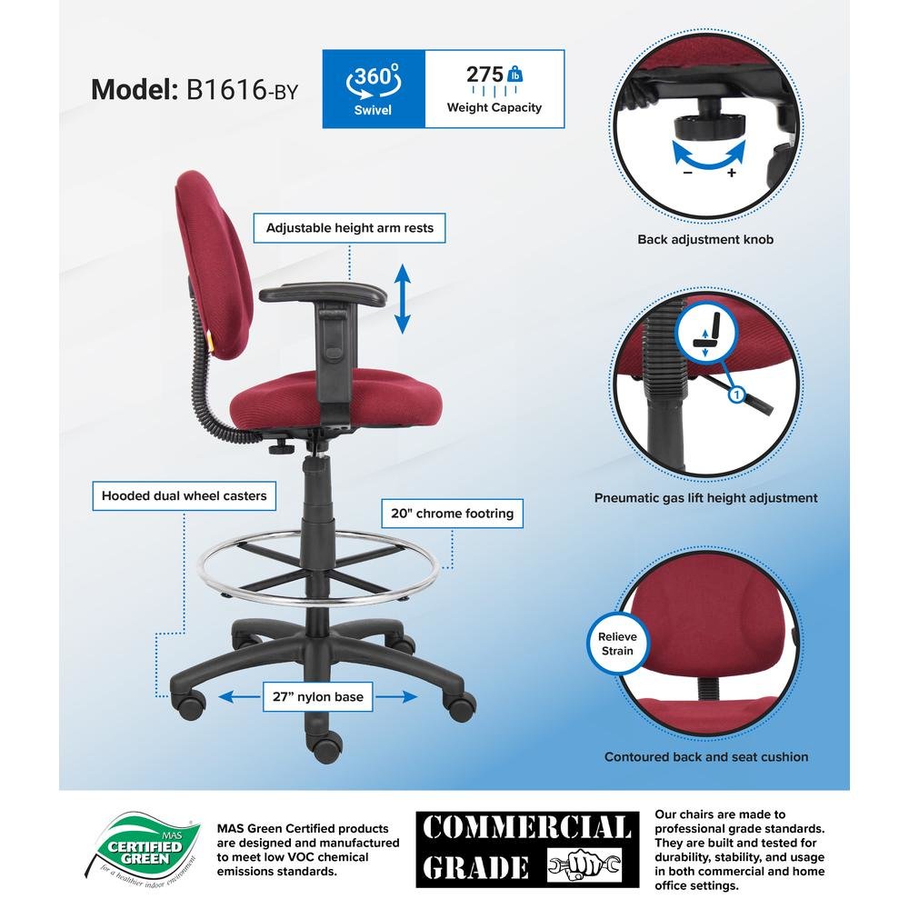 Boss Drafting Stool (B315-By) W/Footring And Adjustable Arms. Picture 2