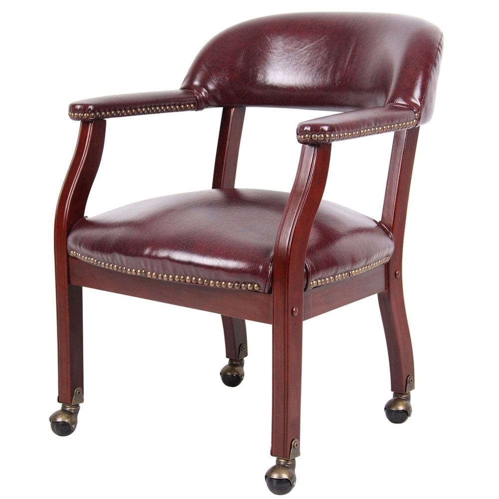 Burgundy Wooden Chair With Arms, Dining or Kitchen Chair With Casters. Picture 4