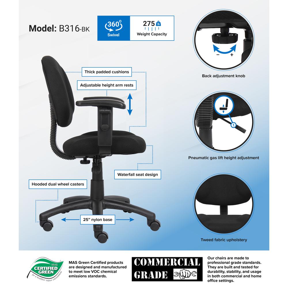 Boss Black  Deluxe Posture Chair W/ Adjustable Arms. Picture 7