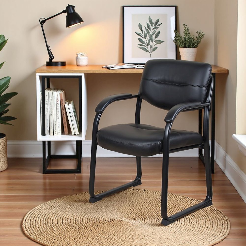 Black Guest Chair With Vinyl Seat, Office Chair No Wheels. Picture 3