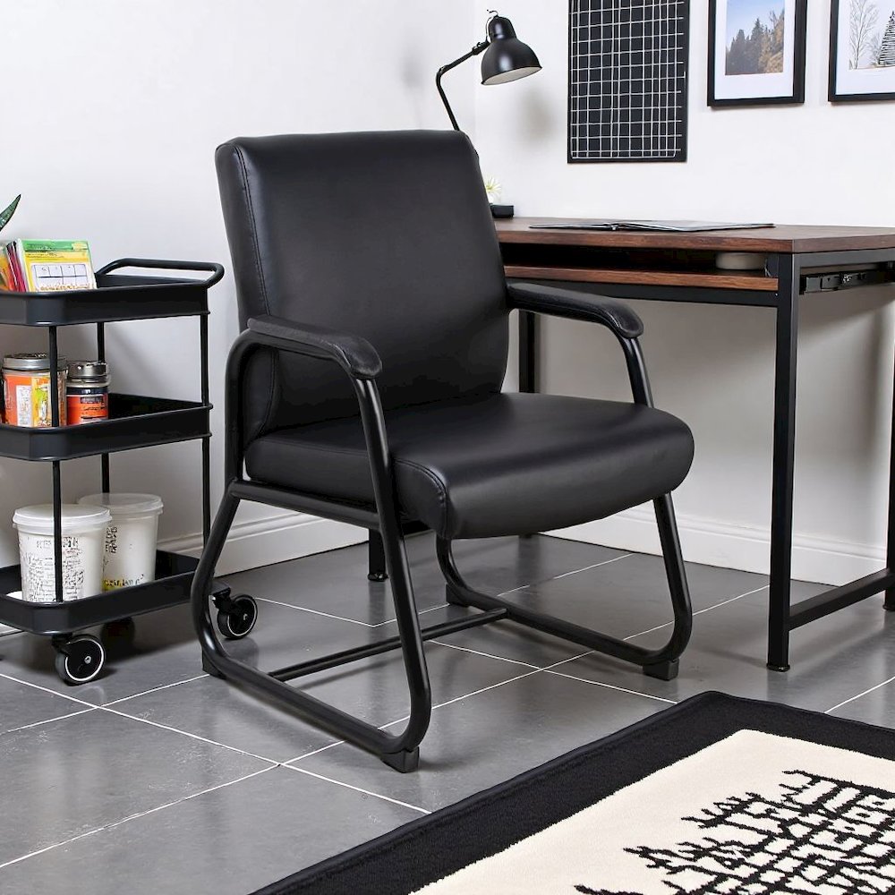 Black Guest Chair With Vinyl Seat, Office Chair No Wheels. Picture 3