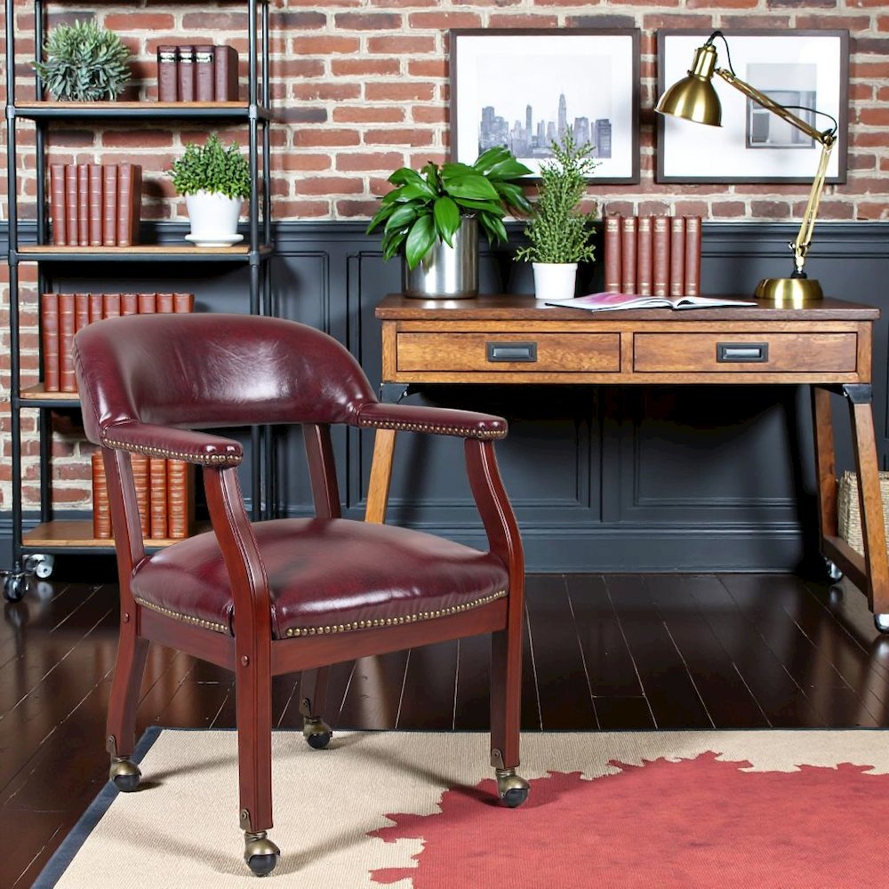 Burgundy Wooden Chair With Arms, Dining or Kitchen Chair With Casters. Picture 2