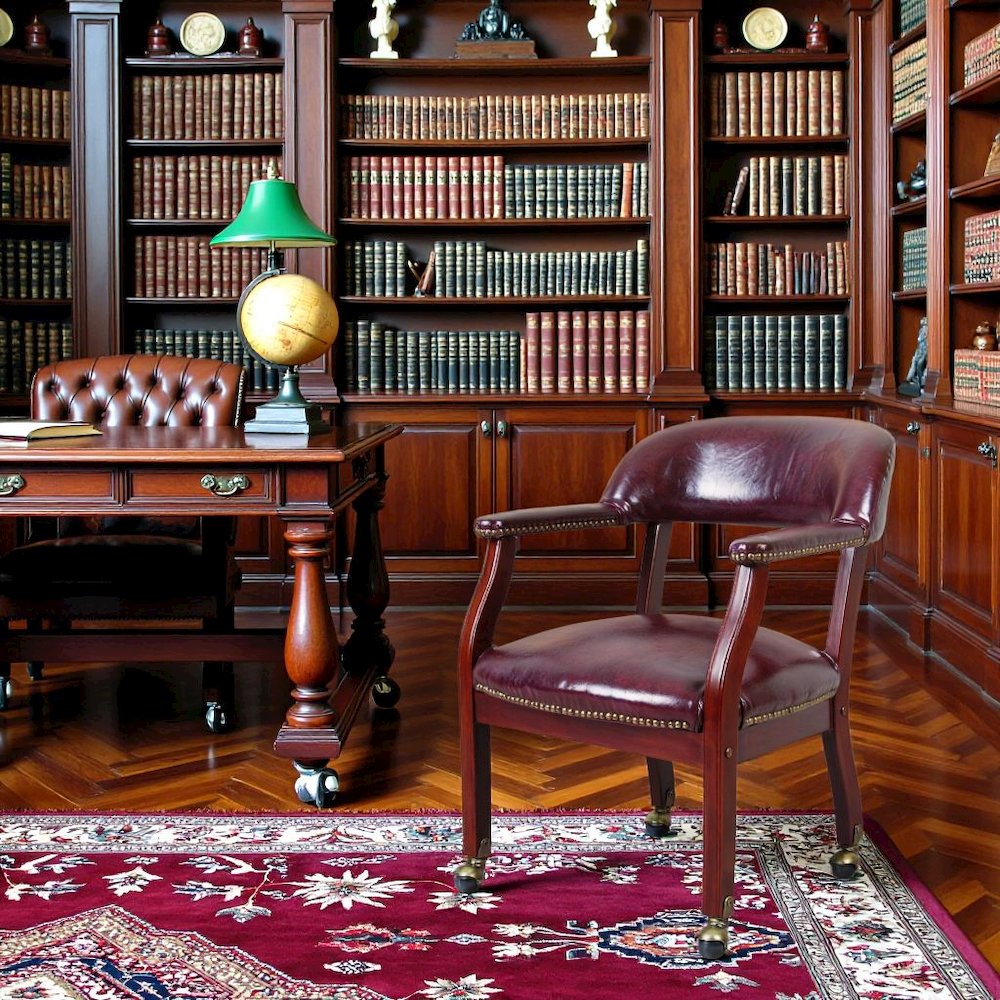Burgundy Wooden Chair With Arms, Dining or Kitchen Chair With Casters. Picture 3