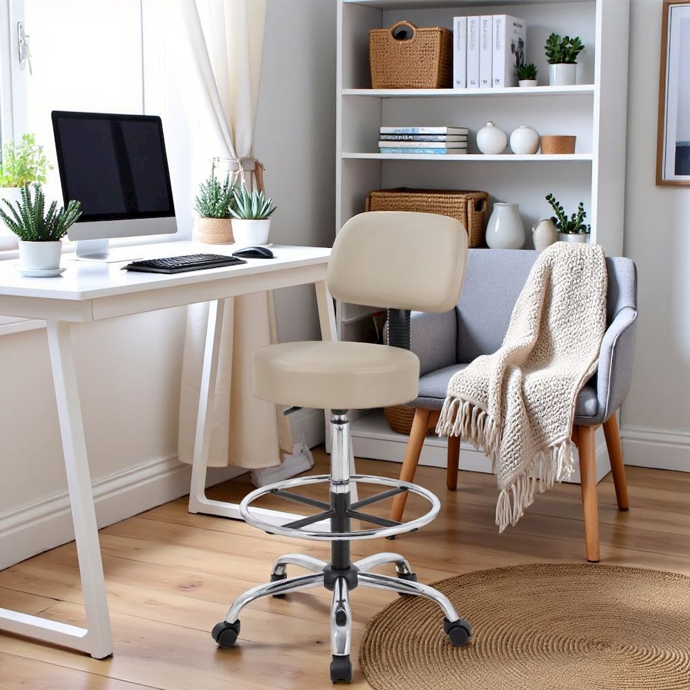 Beige Drafting Chair Office Stool With Back, Tall Work Stool On Wheels. Picture 2