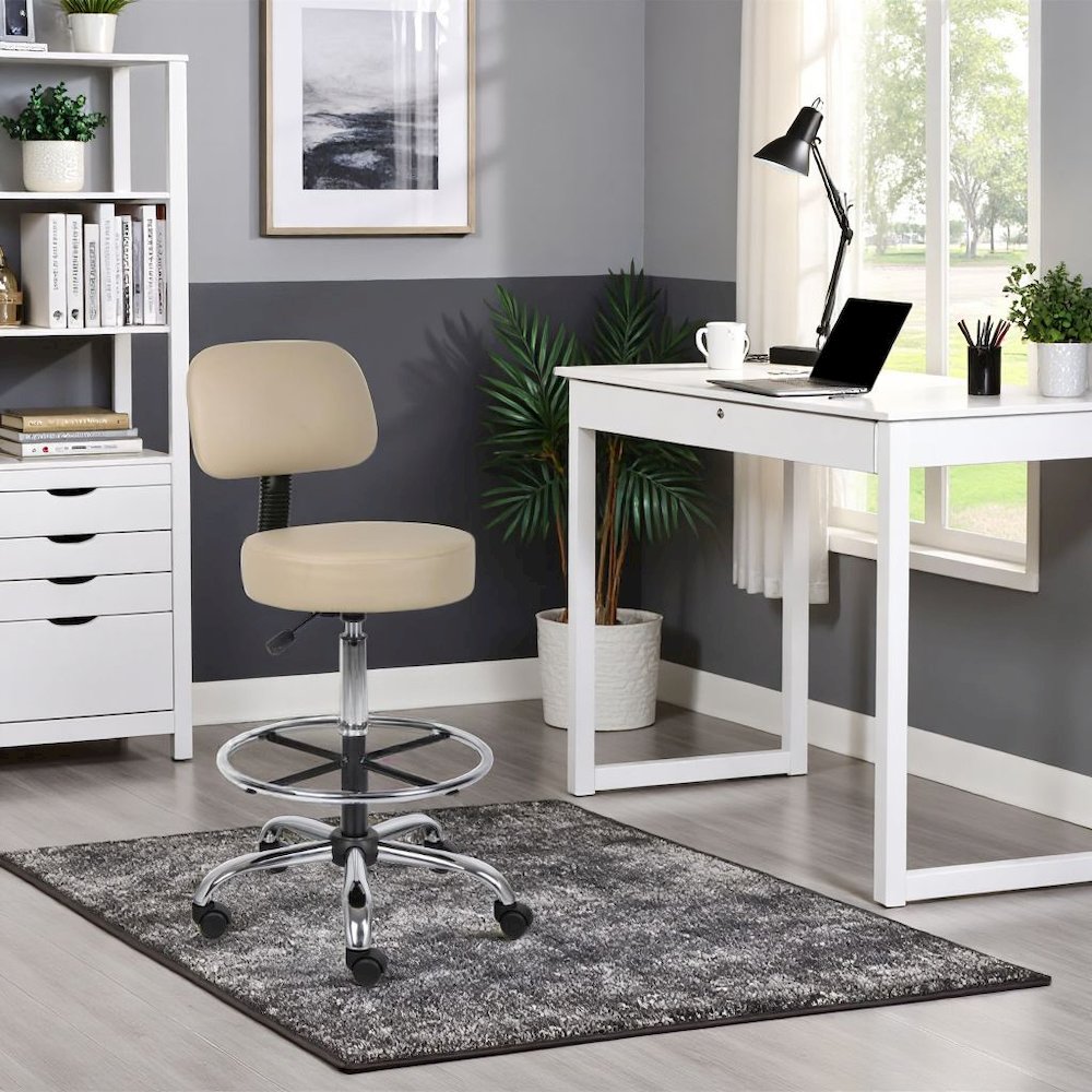 Beige Drafting Chair Office Stool With Back, Tall Work Stool On Wheels. Picture 3