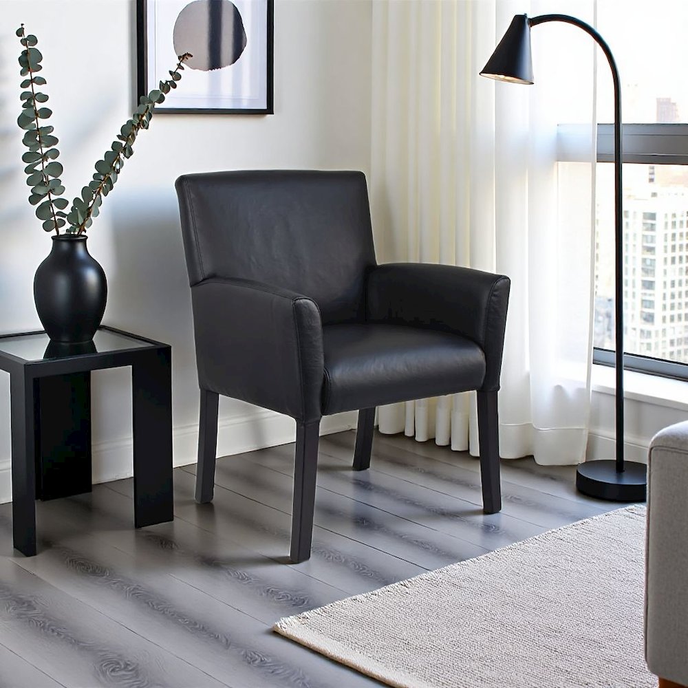 Black Reception Chair With Mahogany Base, Client Or Office Guest Seating. Picture 2