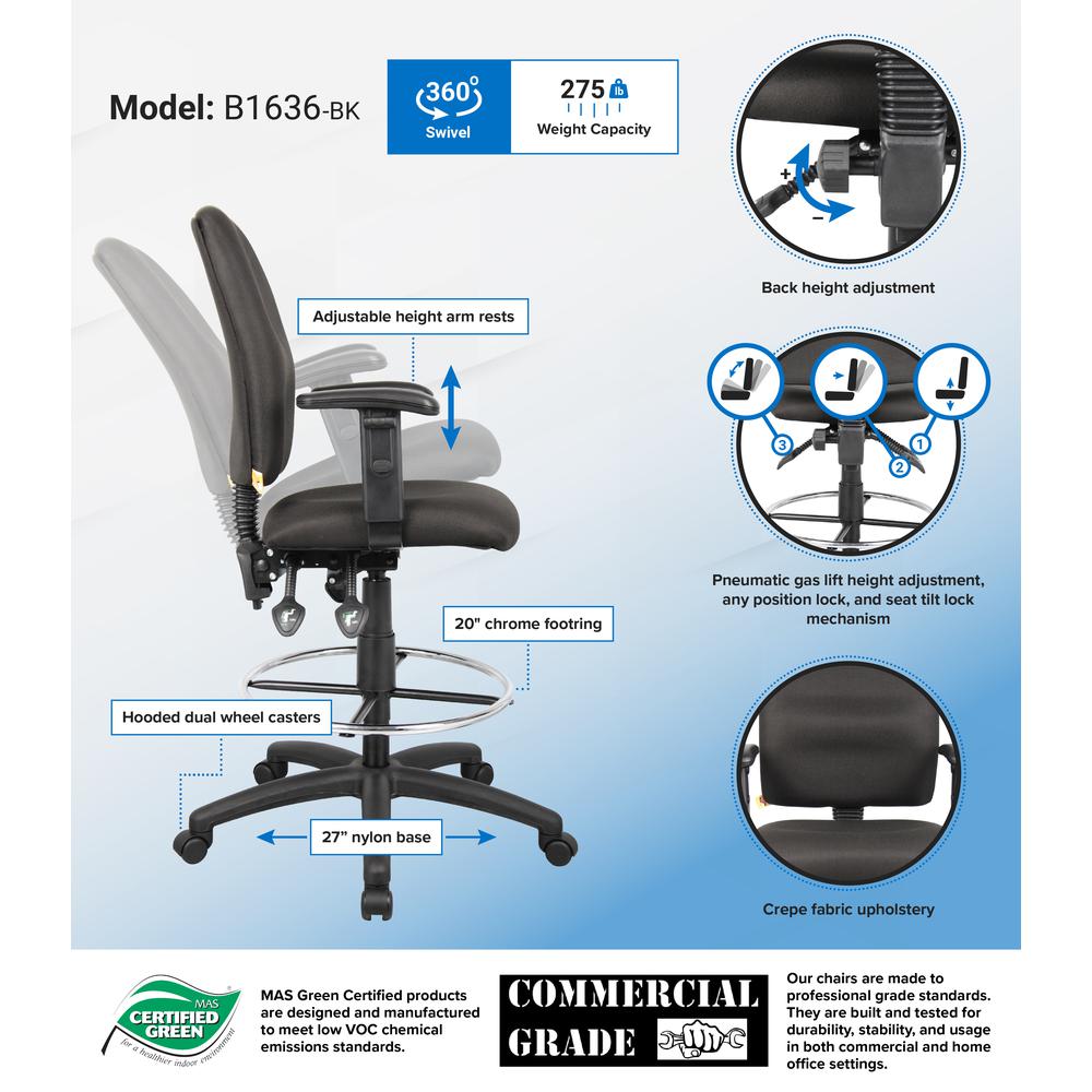 Boss Multi-Function Fabric Drafting Stool W/ Adjustable Arms. Picture 2