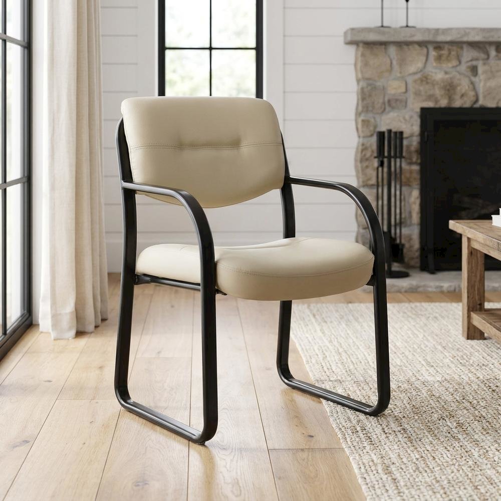 LeatherPlus Armless Side Chair with Sled Base, Desk Chair No Wheels, Beige. Picture 2