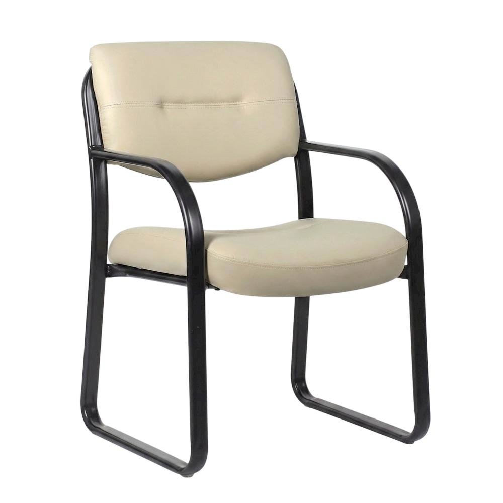 LeatherPlus Armless Side Chair with Sled Base, Desk Chair No Wheels, Beige. Picture 4