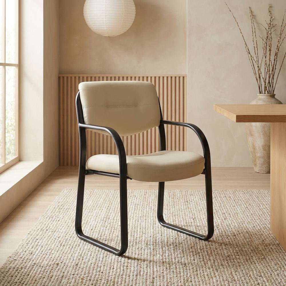 LeatherPlus Armless Side Chair with Sled Base, Desk Chair No Wheels, Beige. Picture 3
