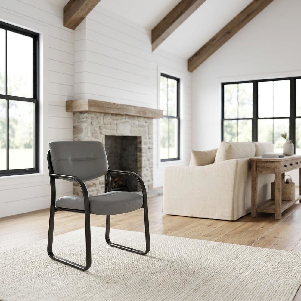 LeatherPlus Armless Side Chair with Sled Base, Desk Chair No Wheels, Grey. Picture 2