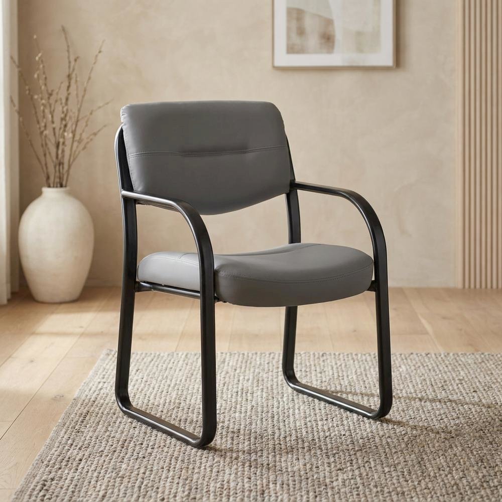 LeatherPlus Armless Side Chair with Sled Base, Desk Chair No Wheels, Grey. Picture 3