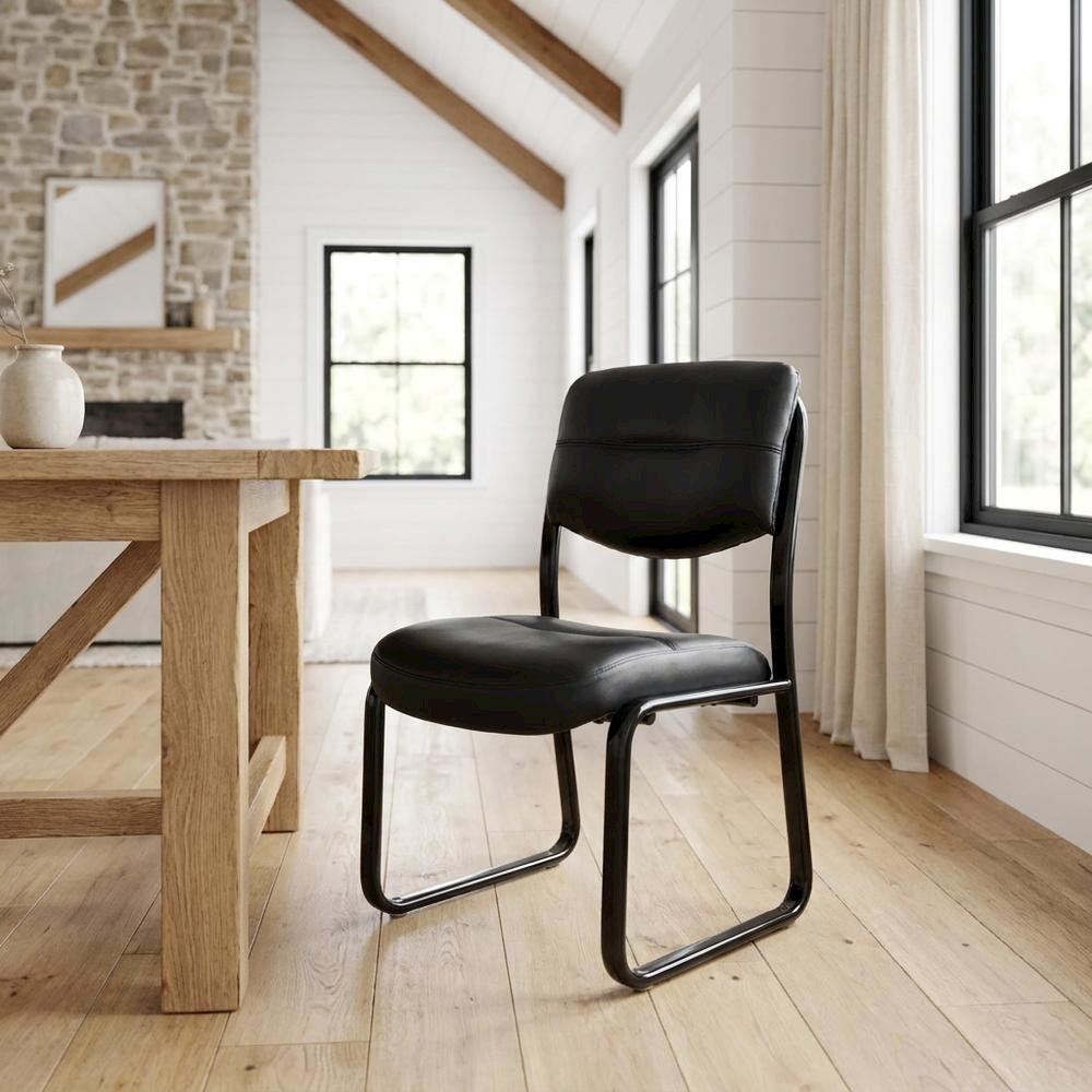LeatherPlus Armless Side Chair with Sled Base, Desk Chair No Wheels, Black. Picture 2