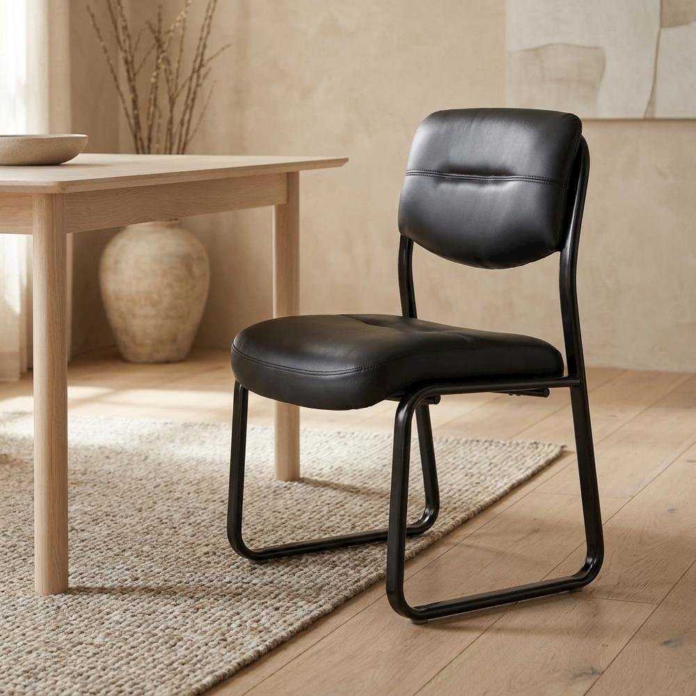 LeatherPlus Armless Side Chair with Sled Base, Desk Chair No Wheels, Black. Picture 3