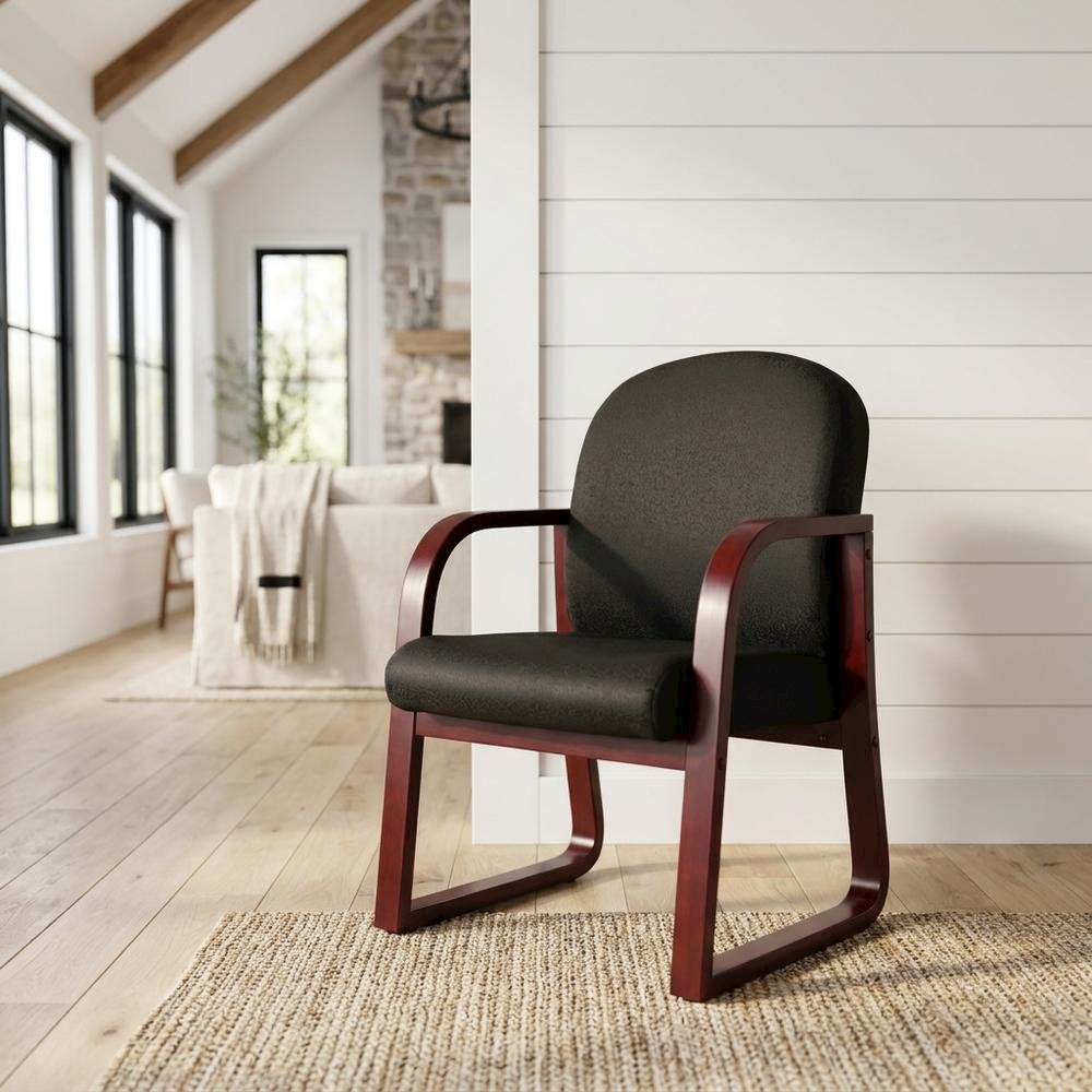 Fabric-Upholstered Desk Chair No Wheels with Mahogany Frame for Entryway. Picture 2
