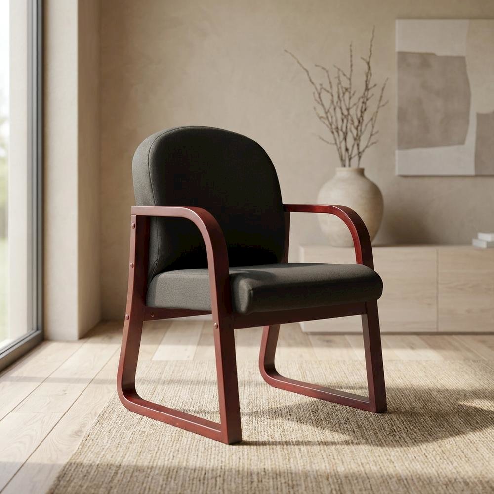 Fabric-Upholstered Desk Chair No Wheels with Mahogany Frame for Entryway. Picture 3