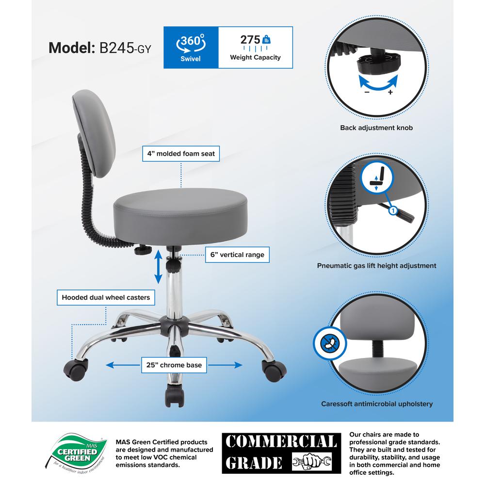 Boss Grey Caressoft Medical Stool W/ Back Cushion. Picture 8