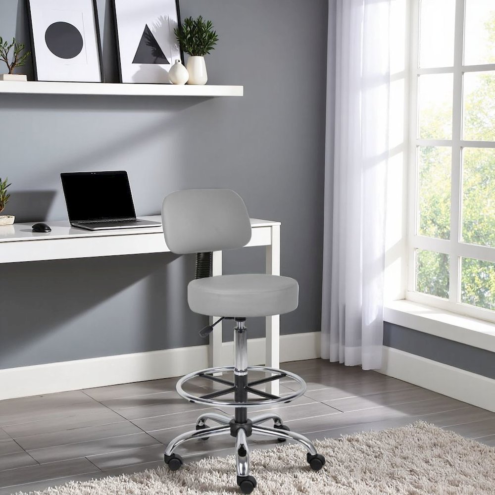 Gray Drafting Chair Office Stool With Back, Tall Work Stool On Wheels. Picture 2