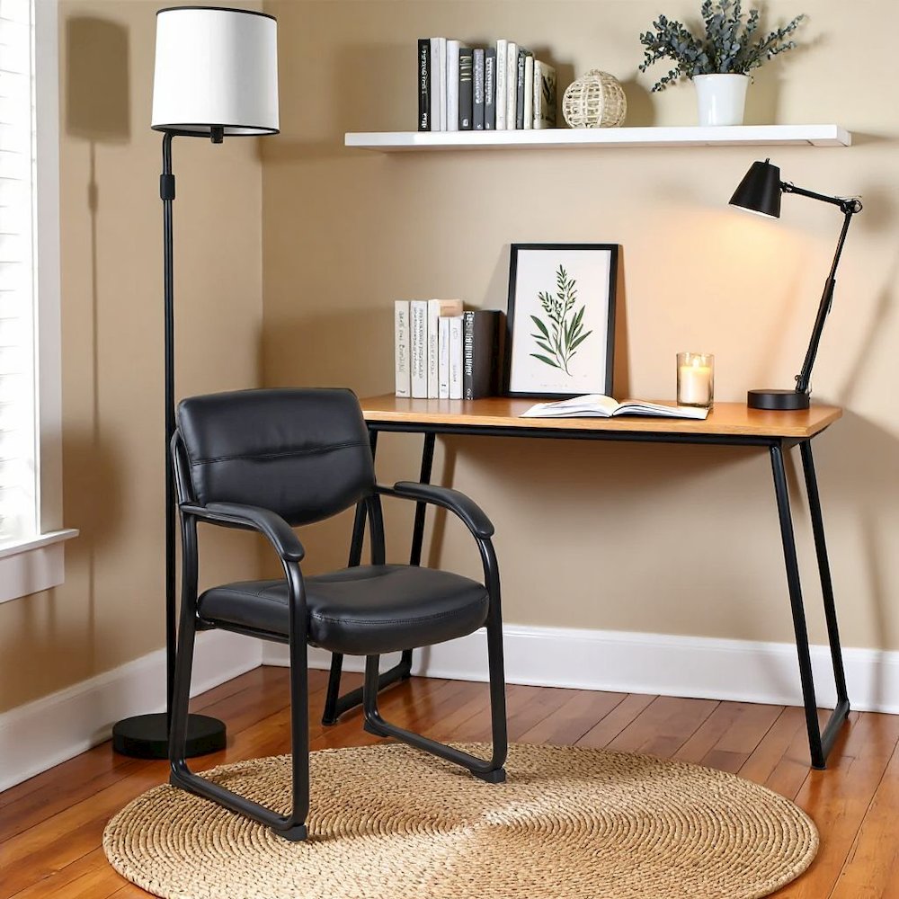 Black Guest Chair With Vinyl Seat, Office Chair No Wheels. Picture 4