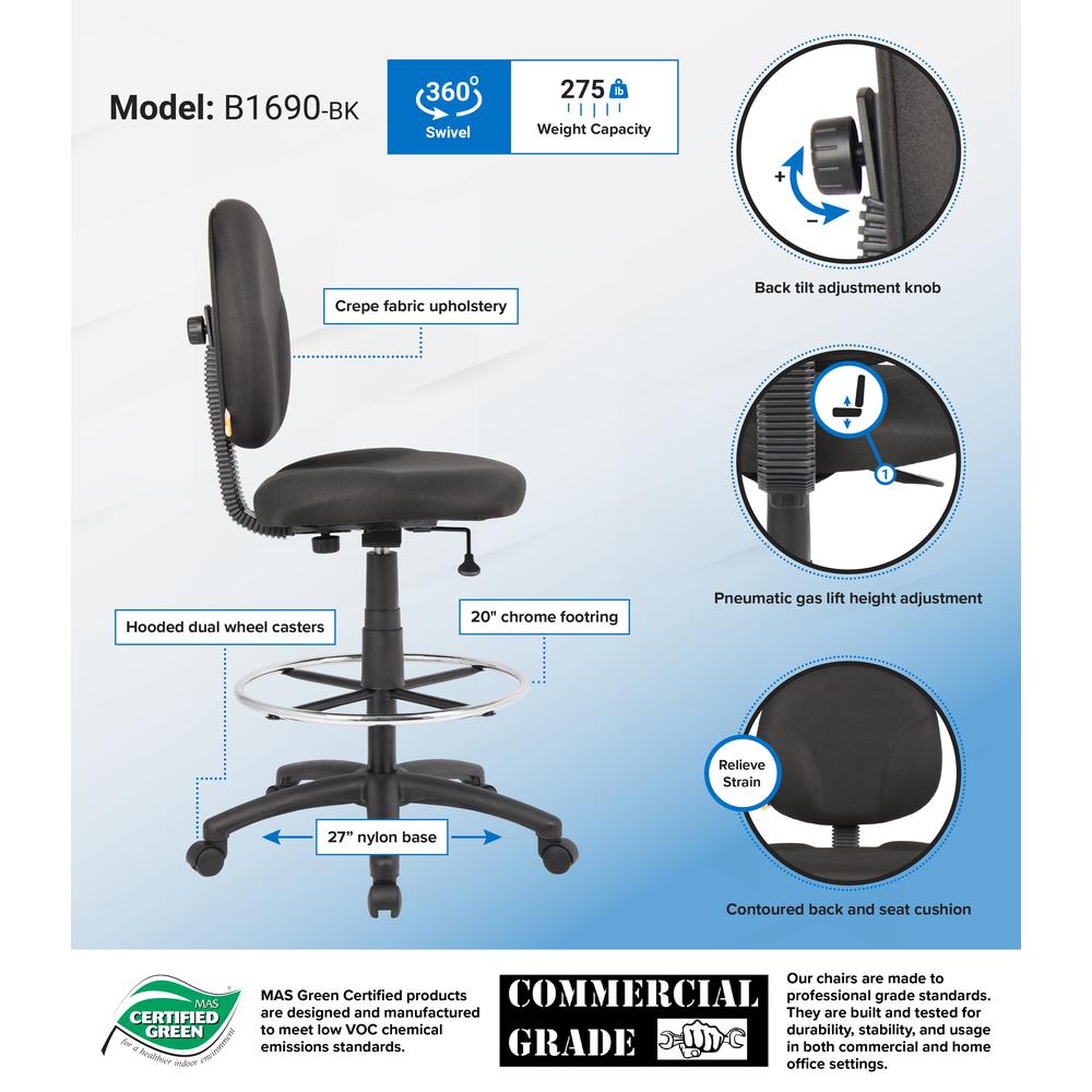 Boss Black Fabric Drafting Stools W/Footring. Picture 2