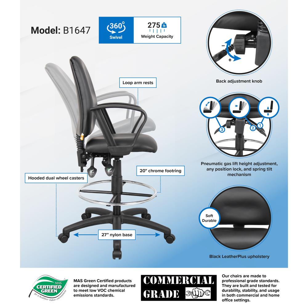 Boss Multi-Function LeatherPlus Drafting Stool W/ Loop Arms. Picture 2