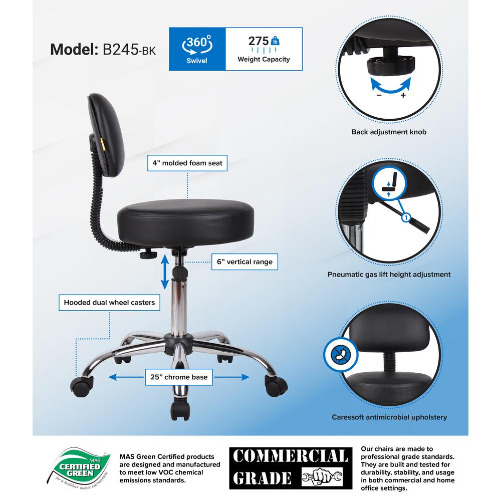 Boss Black Caressoft Medical Stool W/ Back Cushion. Picture 11