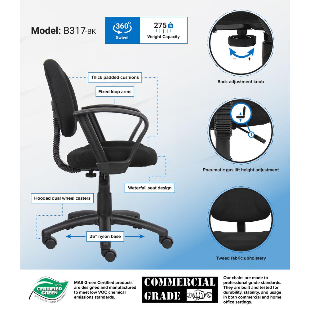 Boss Black  Deluxe Posture Chair W/ Loop Arms. Picture 7