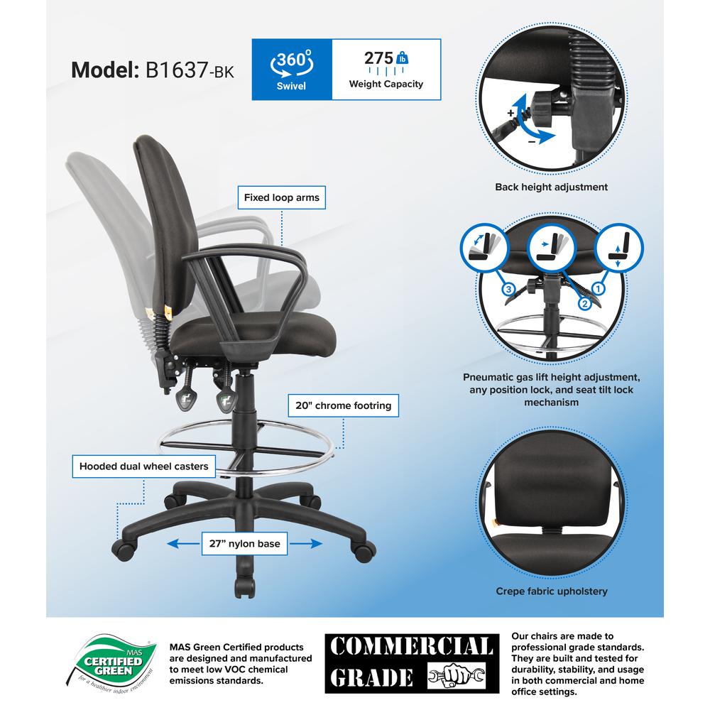Boss Multi-Function Fabric Drafting Stool W/ Loop Arms. Picture 2