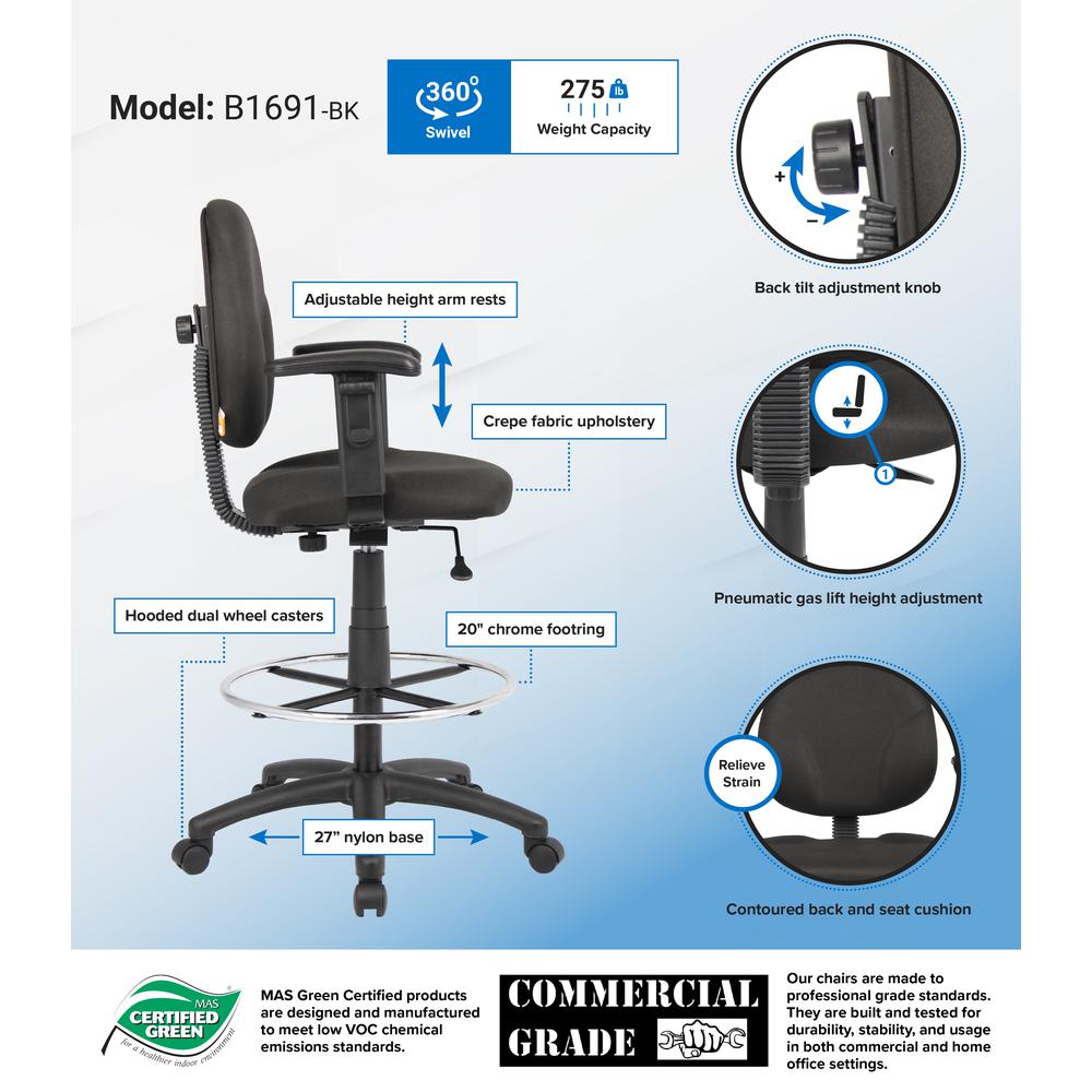 Boss Black Fabric Drafting Stools W/Adj Arms & Footring. Picture 2