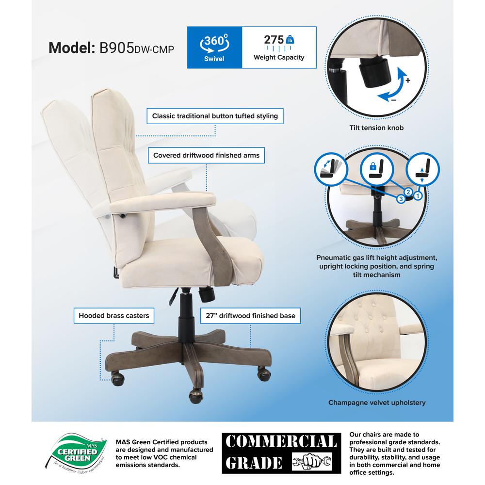 Boss Executive Commercial Linen Chair - Champagne Velvet, Linen Seat - Champagne Velvet, Linen Back - Driftwood Frame - Mid Back - 5-star Base - Armrest - 1 Each. Picture 6