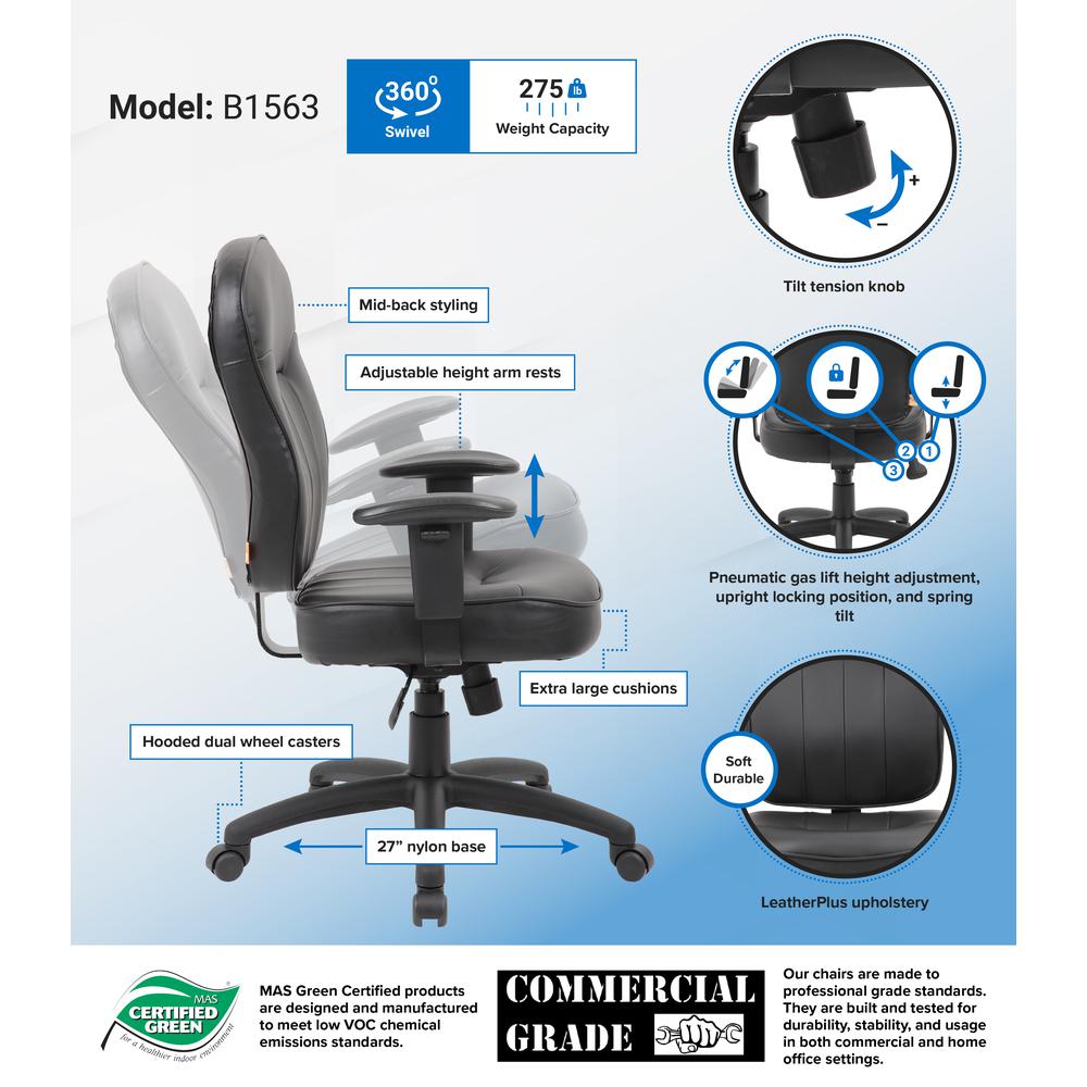 Boss Black Leather Task Chair W/ Adjustable Arms. Picture 7