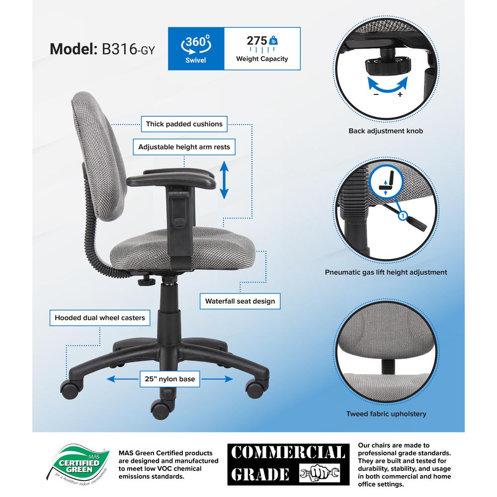 Boss Grey  Deluxe Posture Chair W/ Adjustable Arms. Picture 7