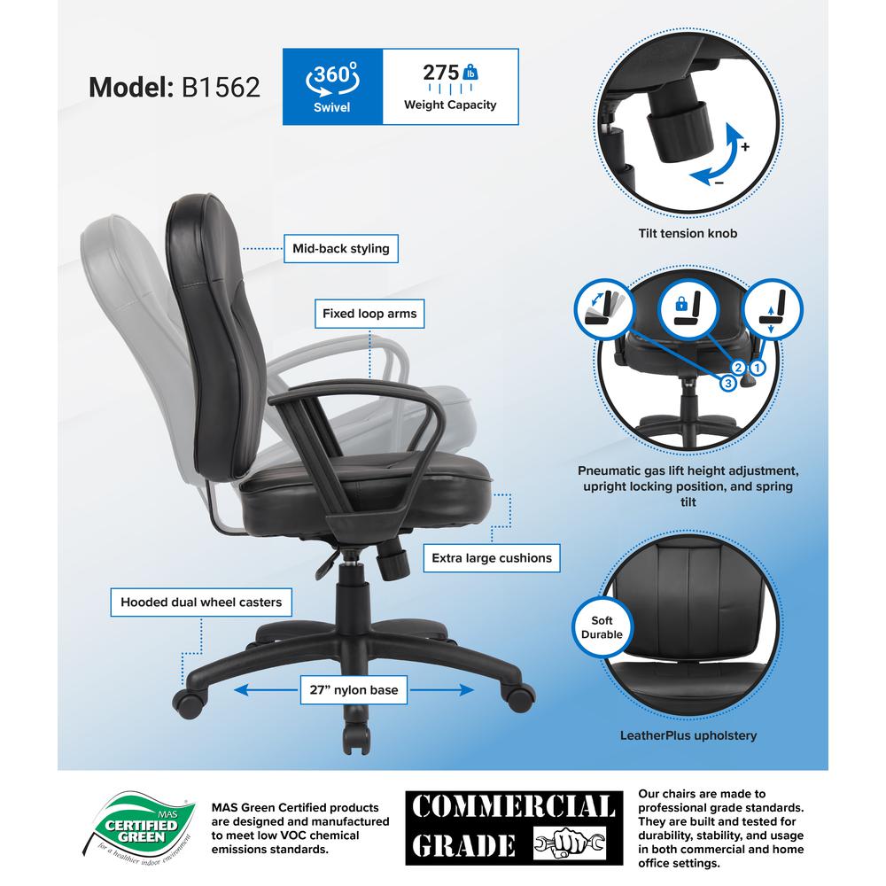 Boss Black Leather Task Chair W/ Loop Arms. Picture 8