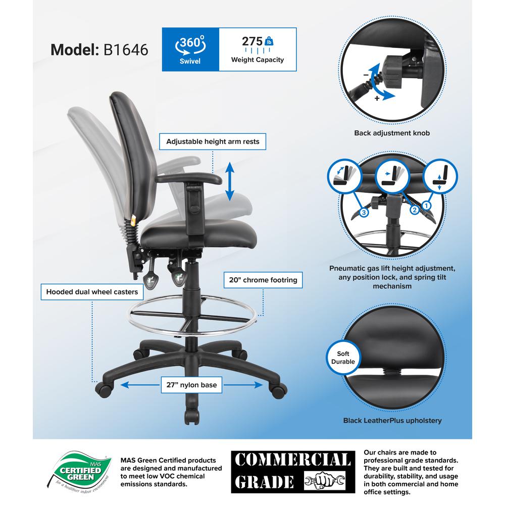Boss Multi-Function LeatherPlus Drafting Stool W/ Adjustable Arms. Picture 2