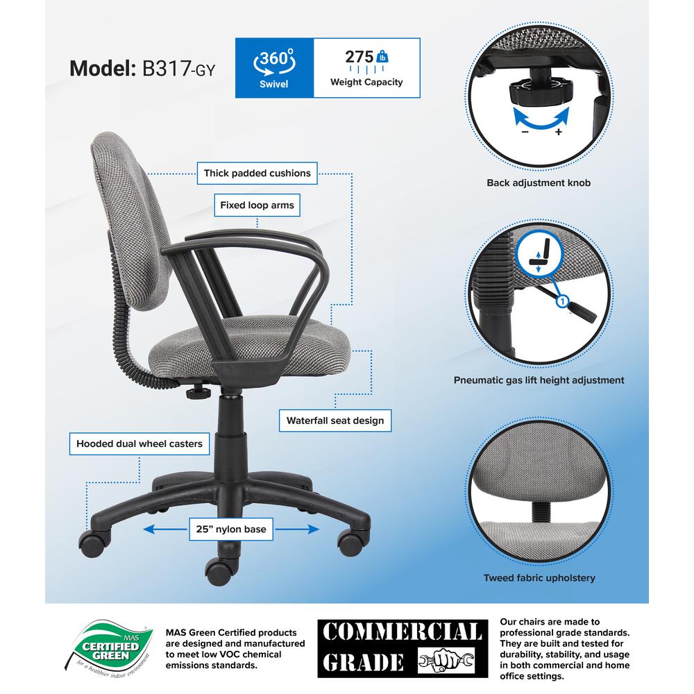Boss Grey  Deluxe Posture Chair W/ Loop Arms. Picture 7