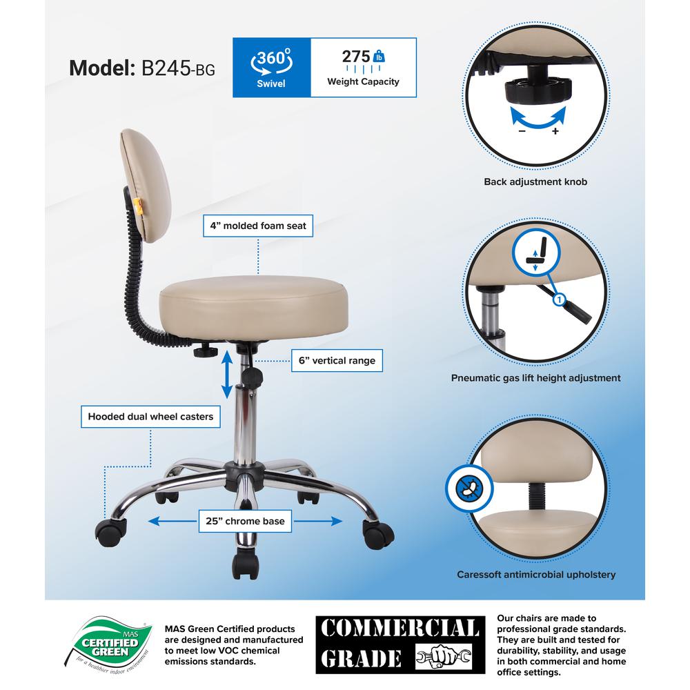 Boss Beige Caressoft Medical Stool W/ Back Cushion. Picture 7