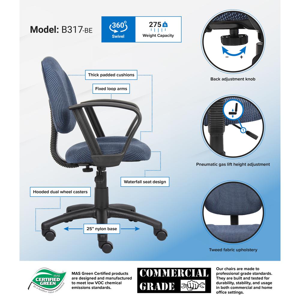 Boss Blue  Deluxe Posture Chair W/ Loop Arms. Picture 7