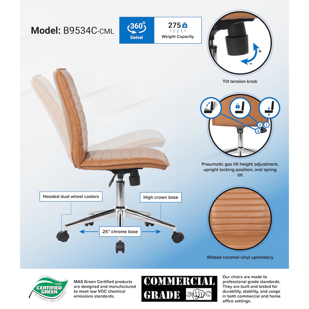 Boss Caramel Vinyl Armless Hospitality Chair. Picture 7
