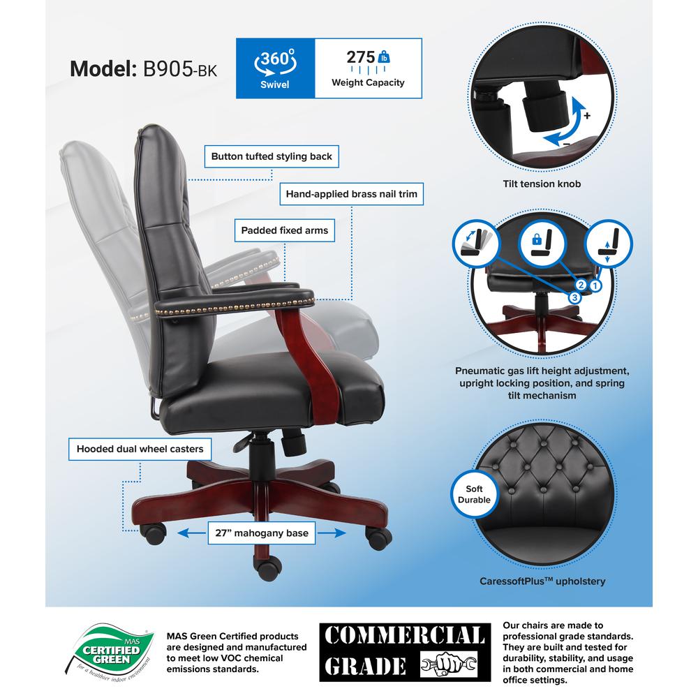 Boss Classic Black Caressoft Chair With Mahogany Finish Frame. Picture 7