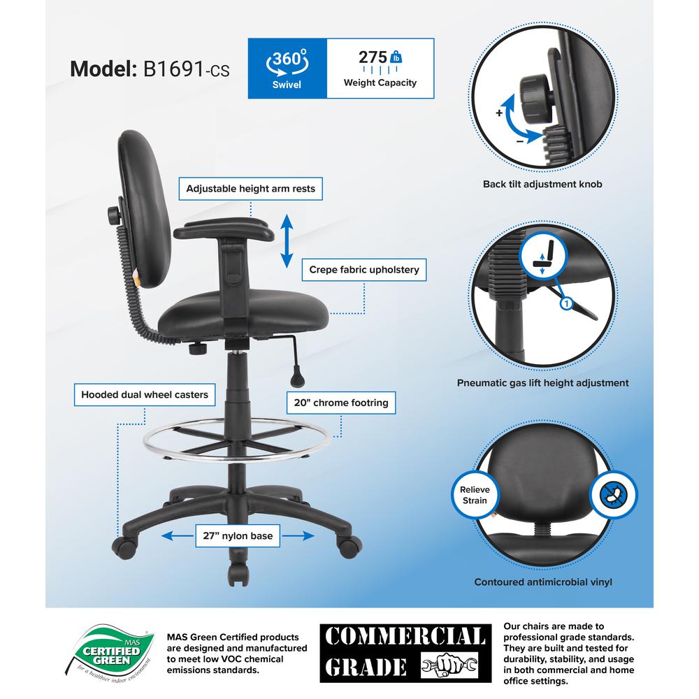 Boss Black Caressoft Drafting Stools W/Adj Arms & Footring. Picture 2
