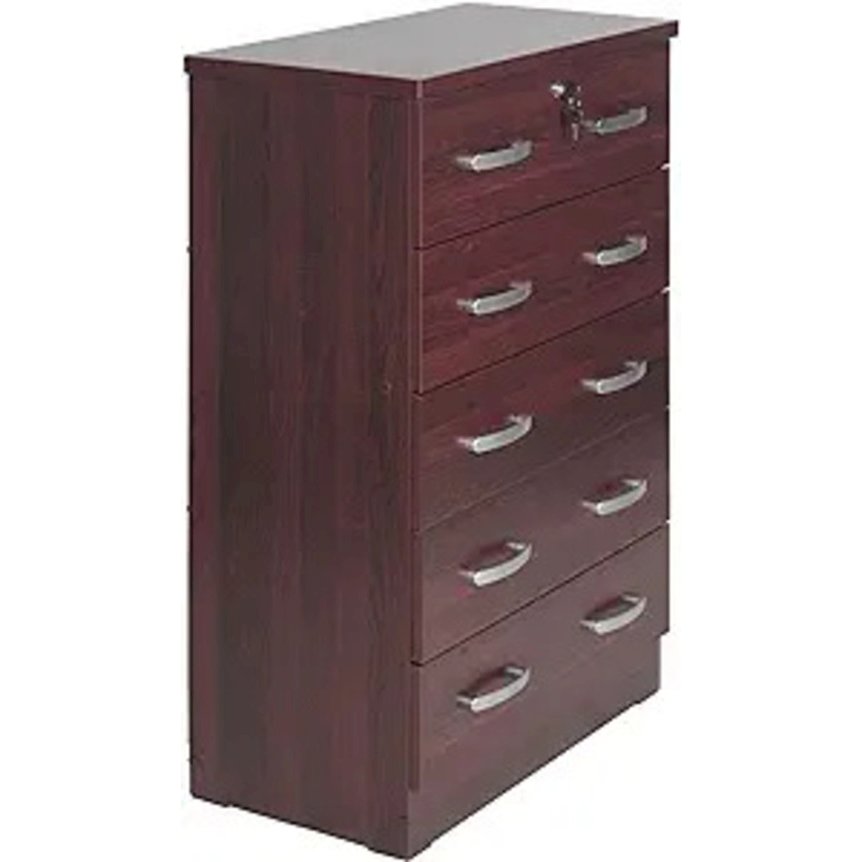 Better Home Products Cindy 5 Drawer Chest Wooden Dresser with Lock in Mahogany. Picture 3