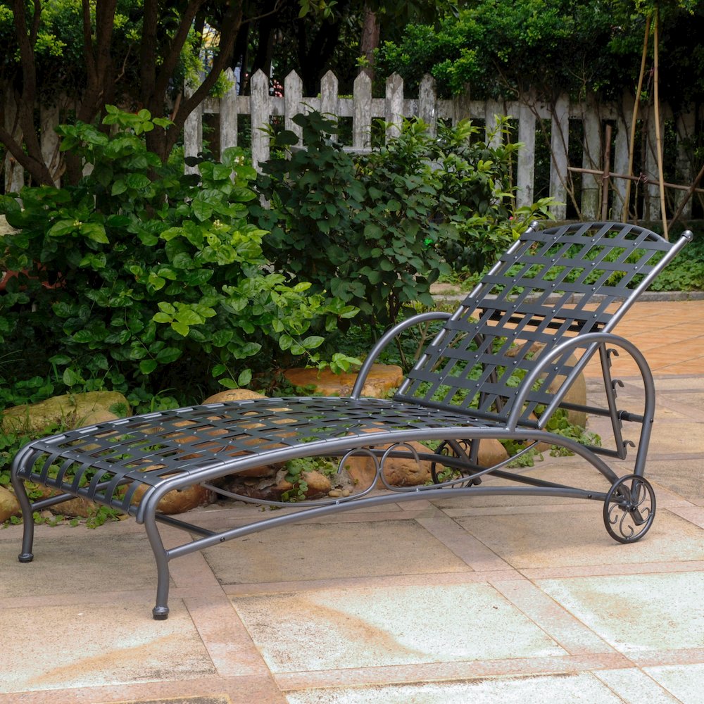 Santa Fe Nailhead Iron Multi-position Chaise Lounge, Hammered Pewter. Picture 1