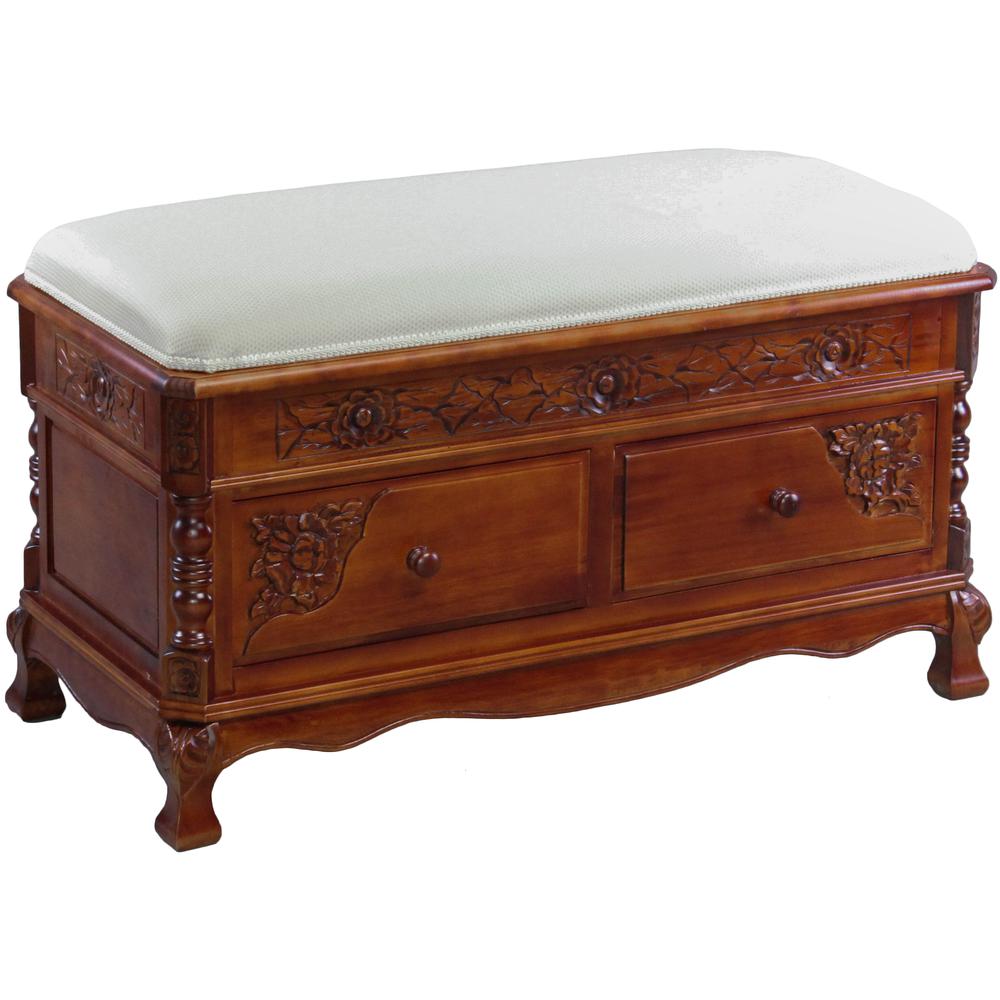Carved Wood 2 Drawer Storage Bench. Picture 2