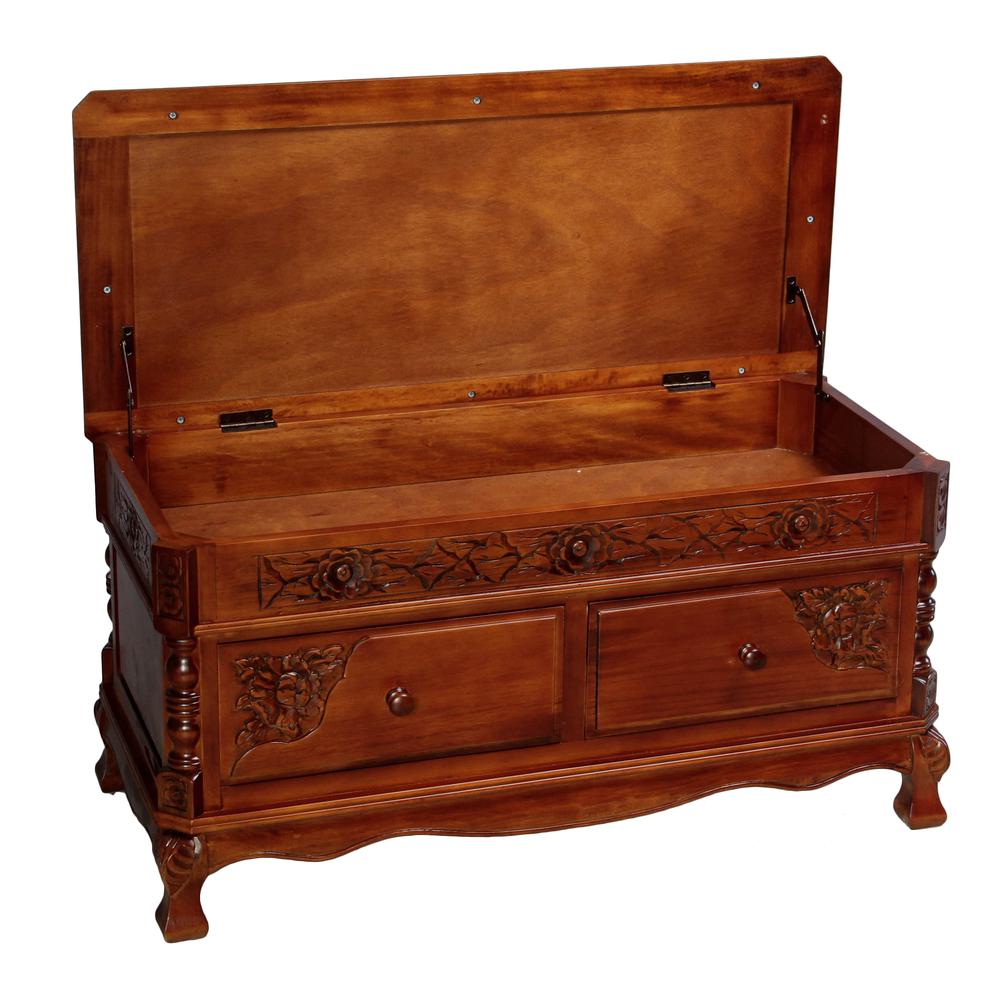 Carved Wood 2 Drawer Storage Bench. Picture 1