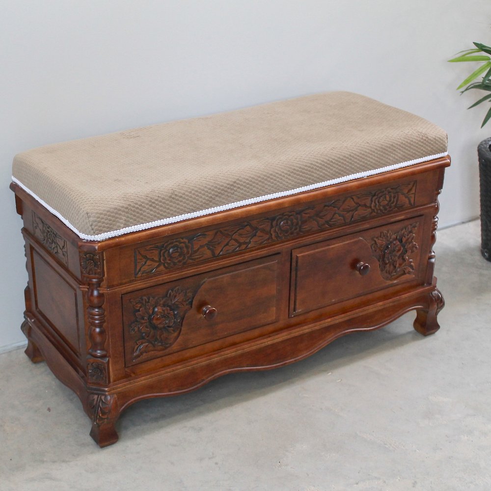 Carved Wood 2 Drawer Storage Bench. Picture 2