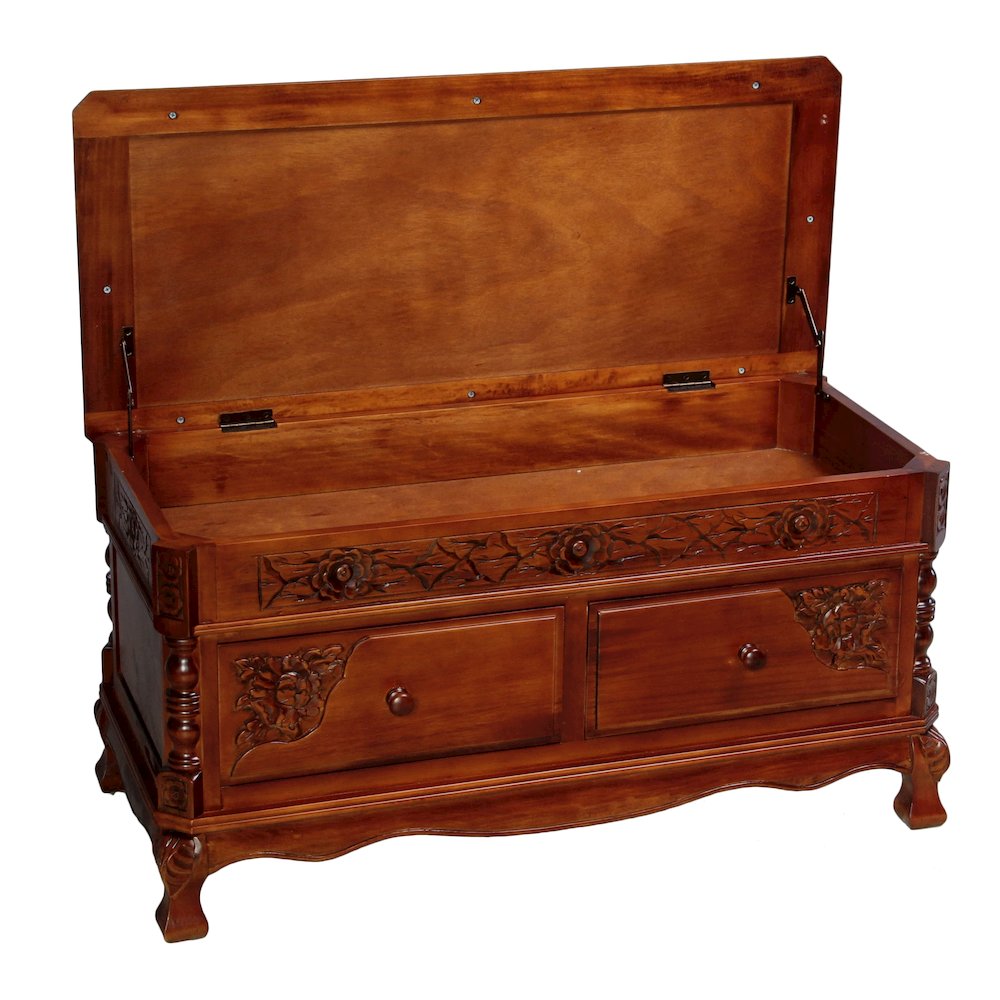 Carved Wood 2 Drawer Storage Bench. Picture 1