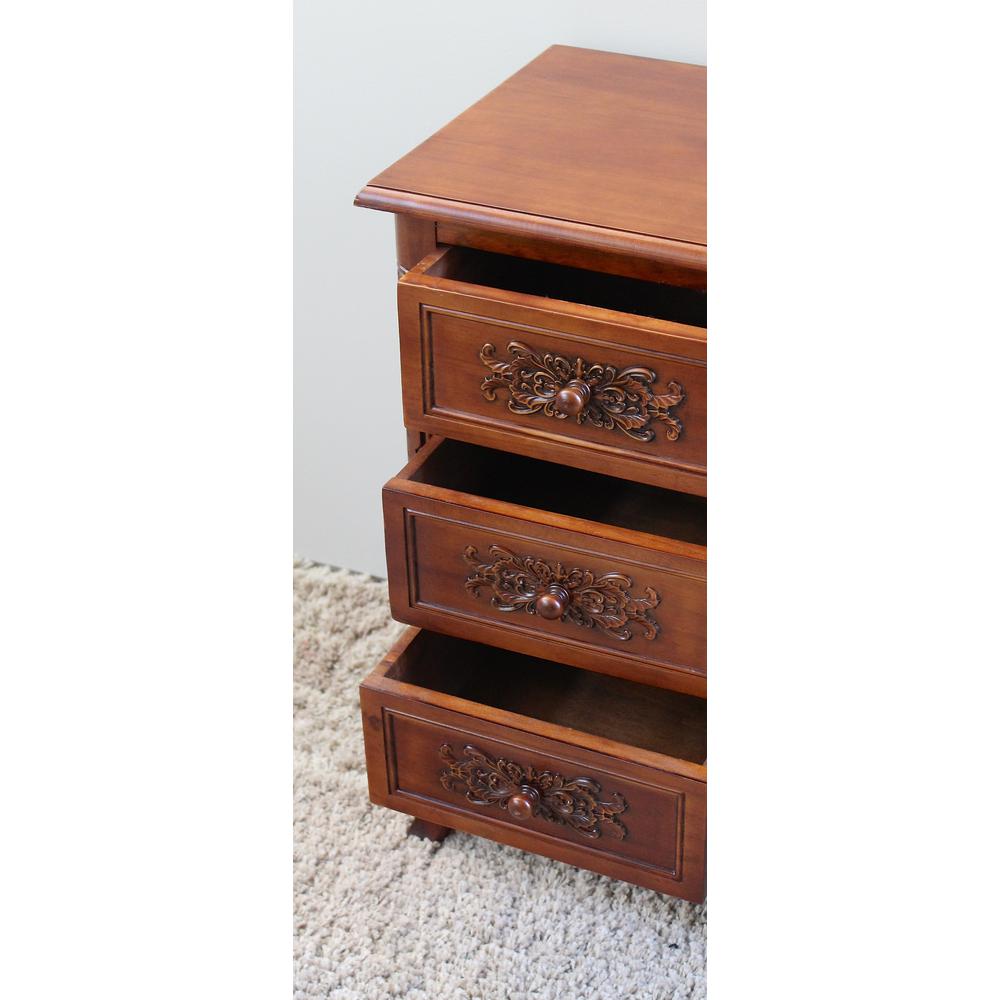 Carved Wood Three Drawer End Table. Picture 1