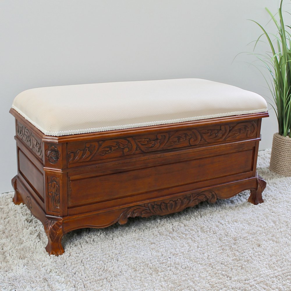 Carved Wood Trunk-Bench with Cushion Top. Picture 1