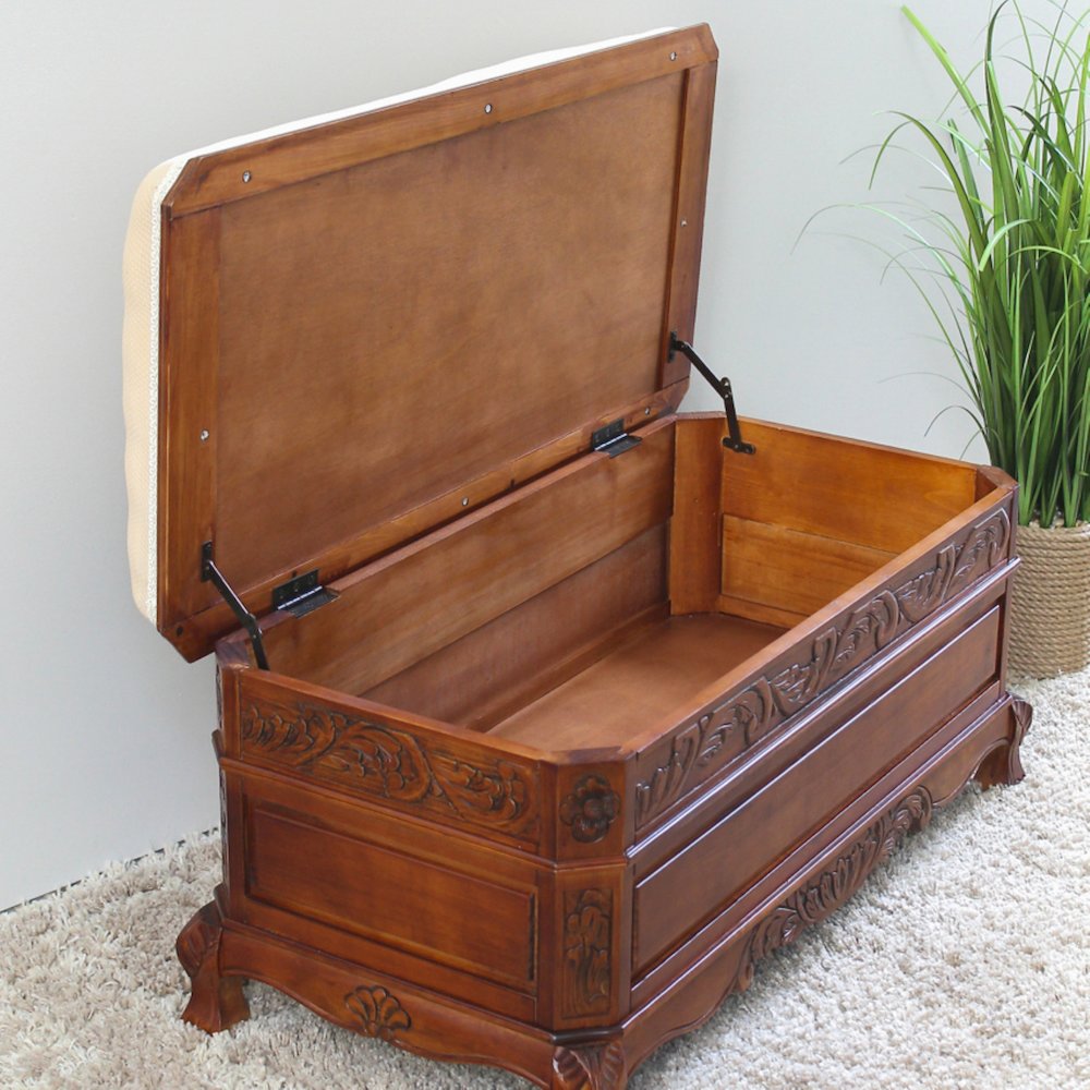 Carved Wood Trunk-Bench with Cushion Top. Picture 2