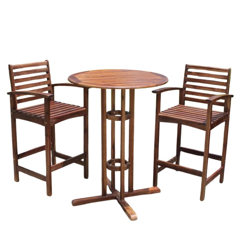 3 Piece Bistro Set, Acacia Wood, Bar Height Table and Two Chairs, Brown. Picture 1